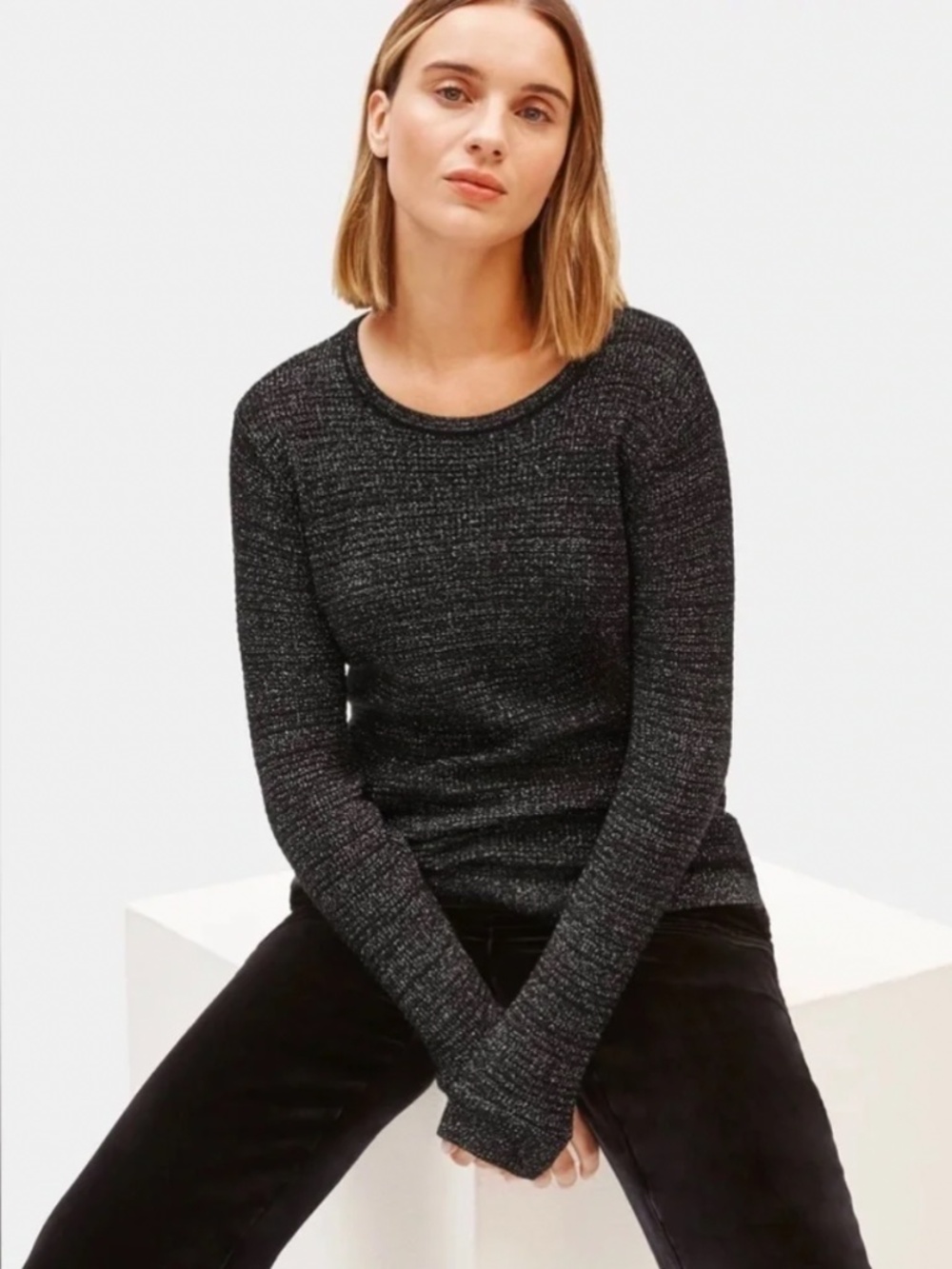 Eileen Fisher Merino Black Sparkle Crew Neck Top - XXS
